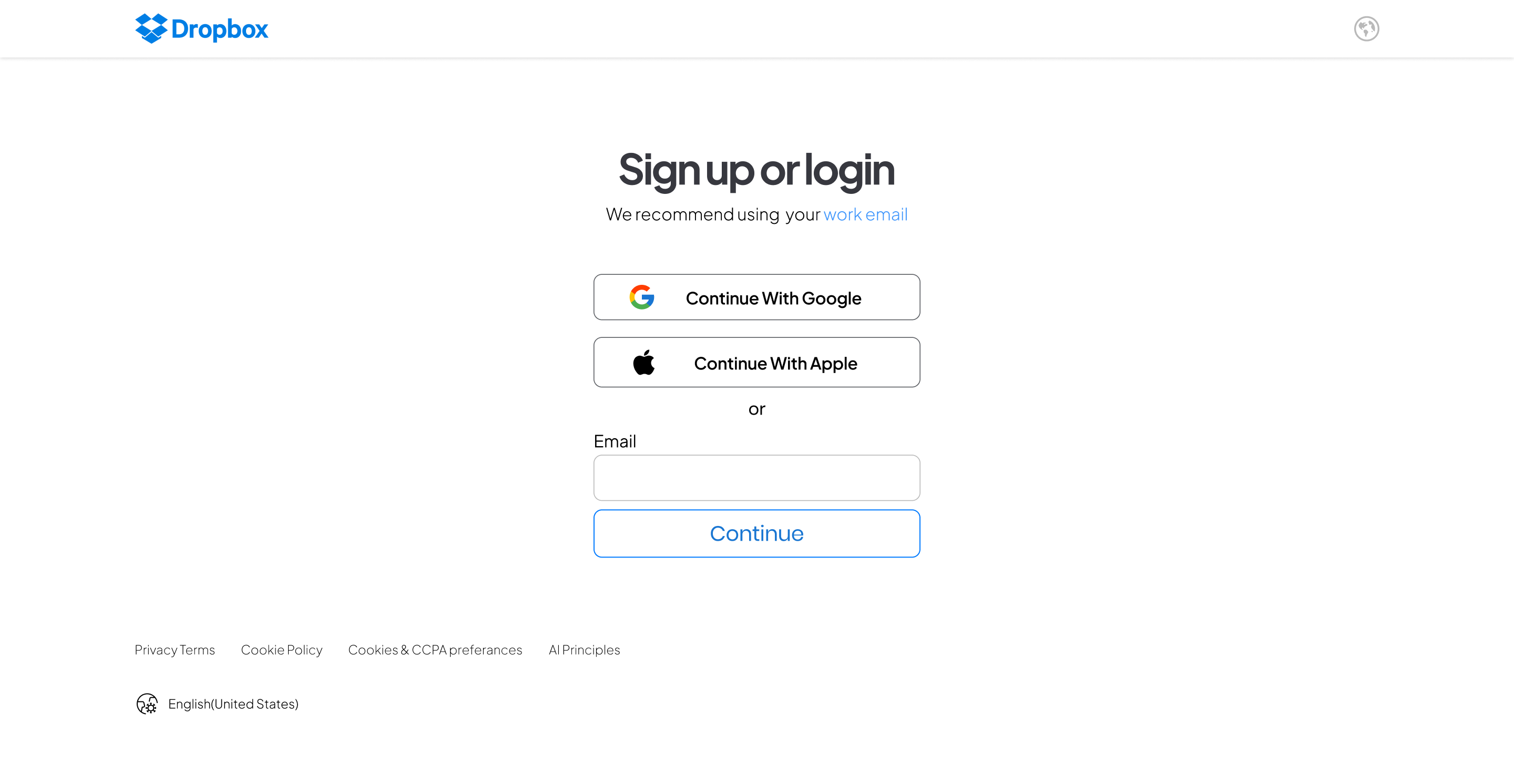 Dropbox Sign/Signup Page