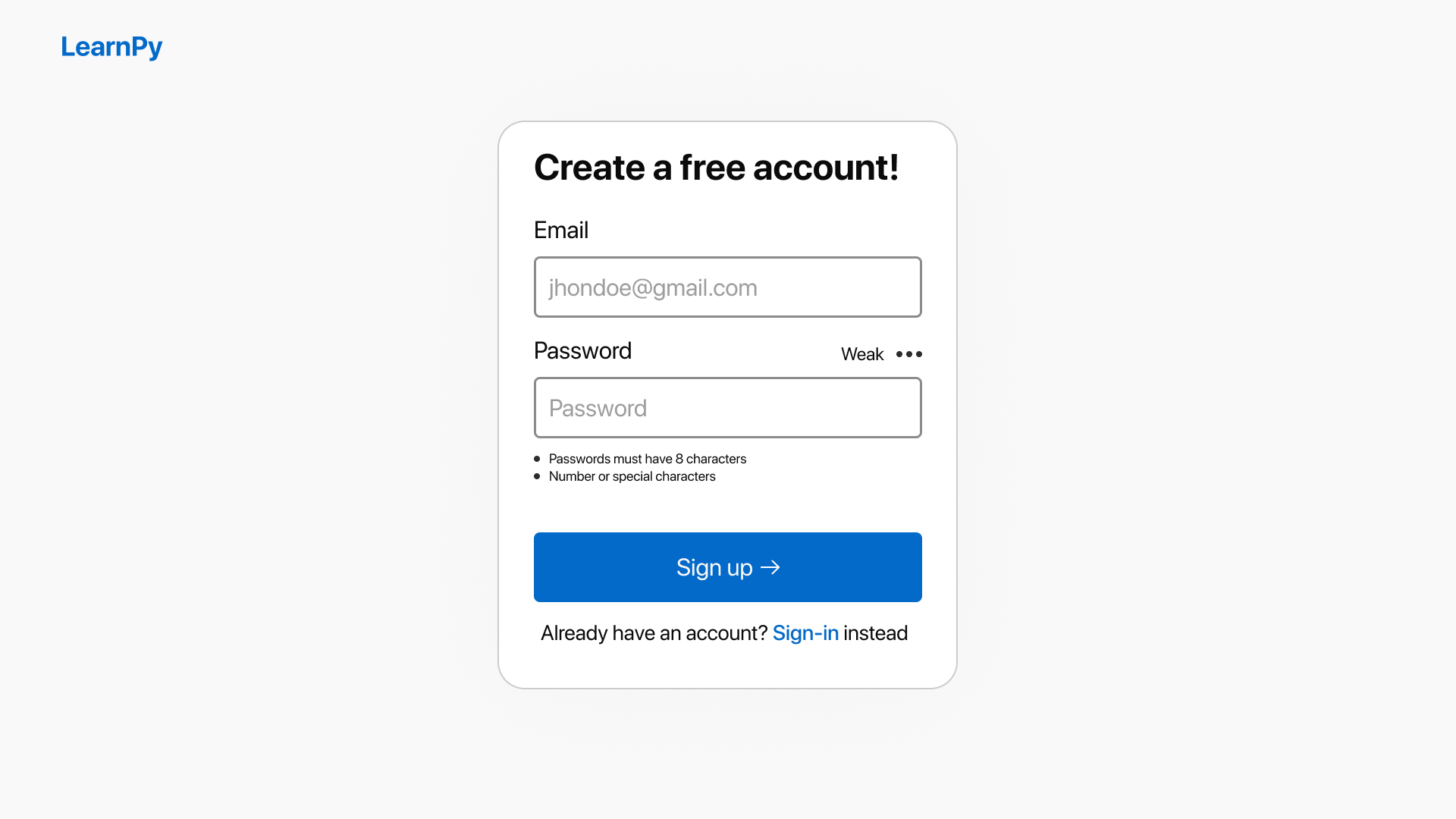 LearnPy Signup page 1