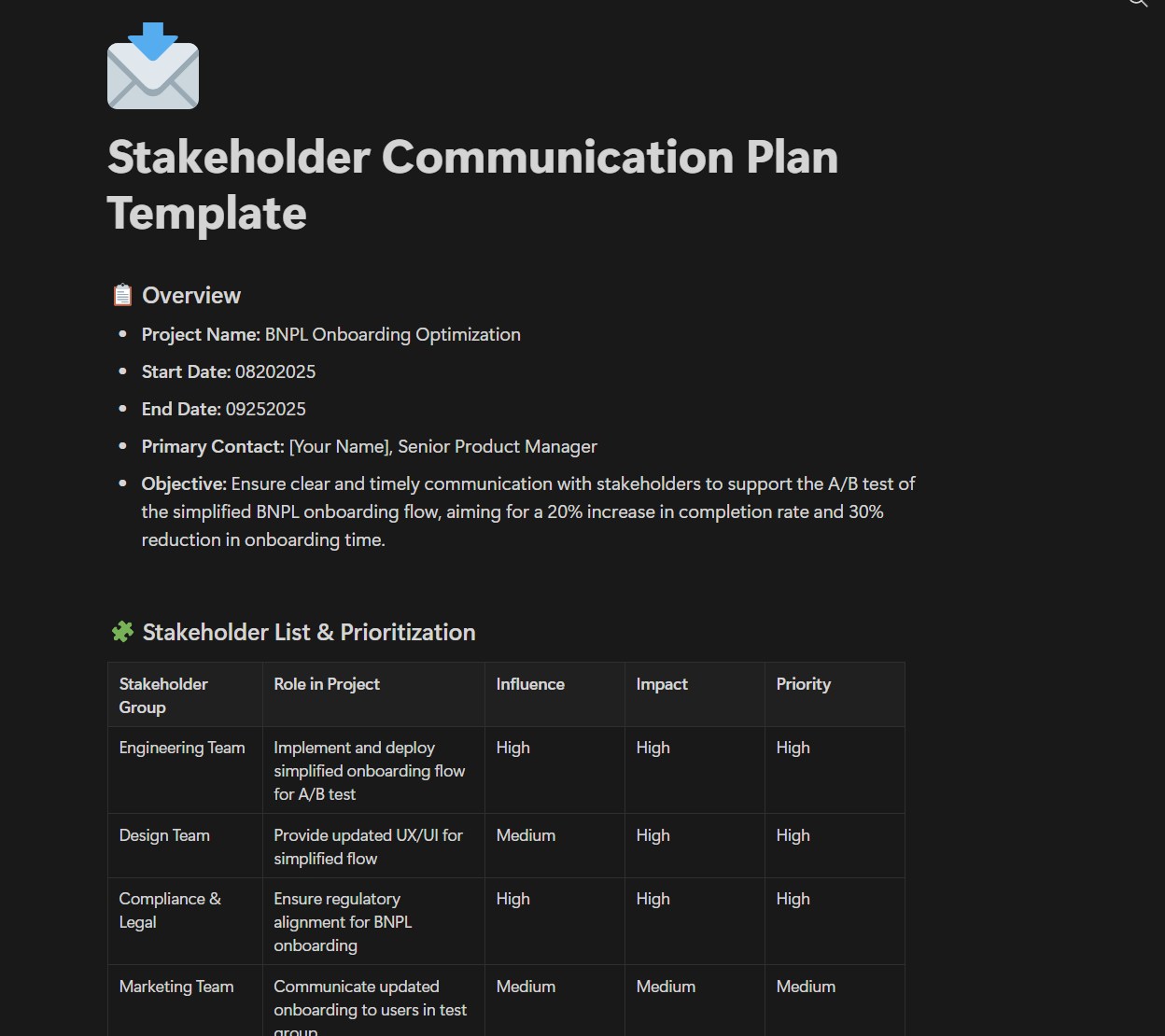 Stakeholder Communication Plan Template