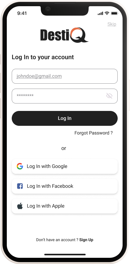 Login page for travel app