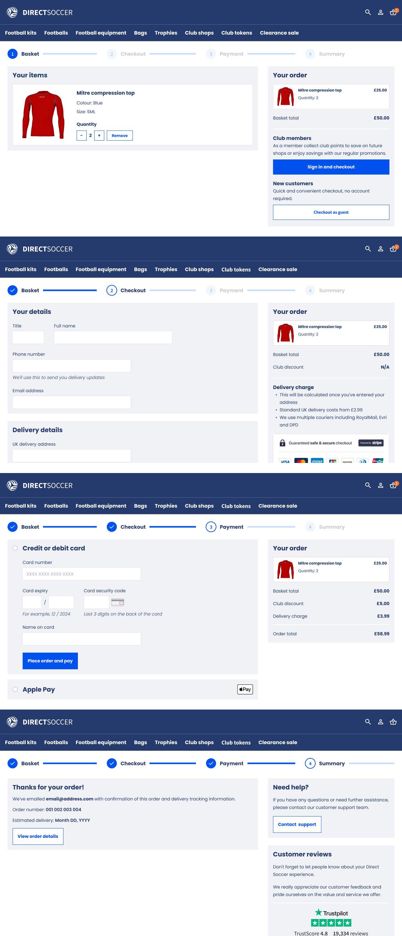 Checkout flow for DirectSoccer 4