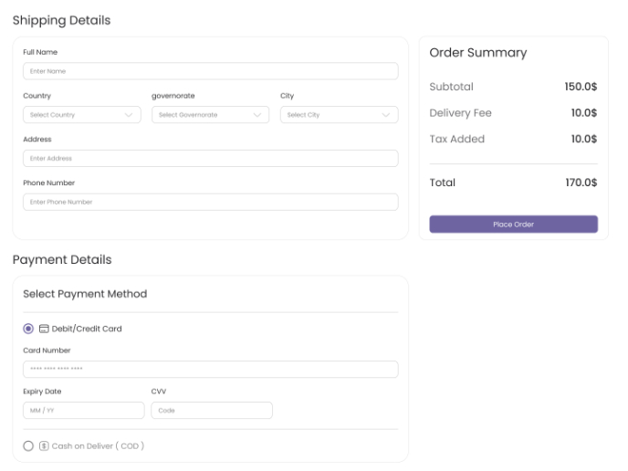 Checkout page for an e-commerce website 