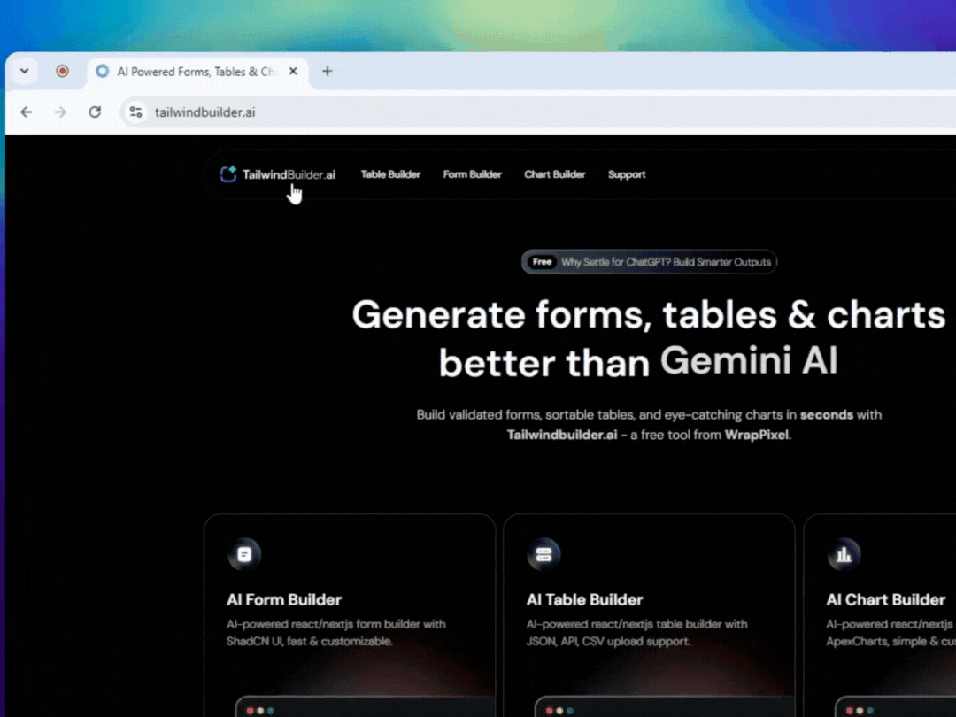 Tailwind Builder Free AI-Powered Code Generator for Forms, Tables & Charts