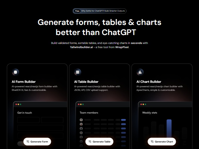 Tailwind Builder Free AI-Powered Code Generator for Forms, Tables & Charts