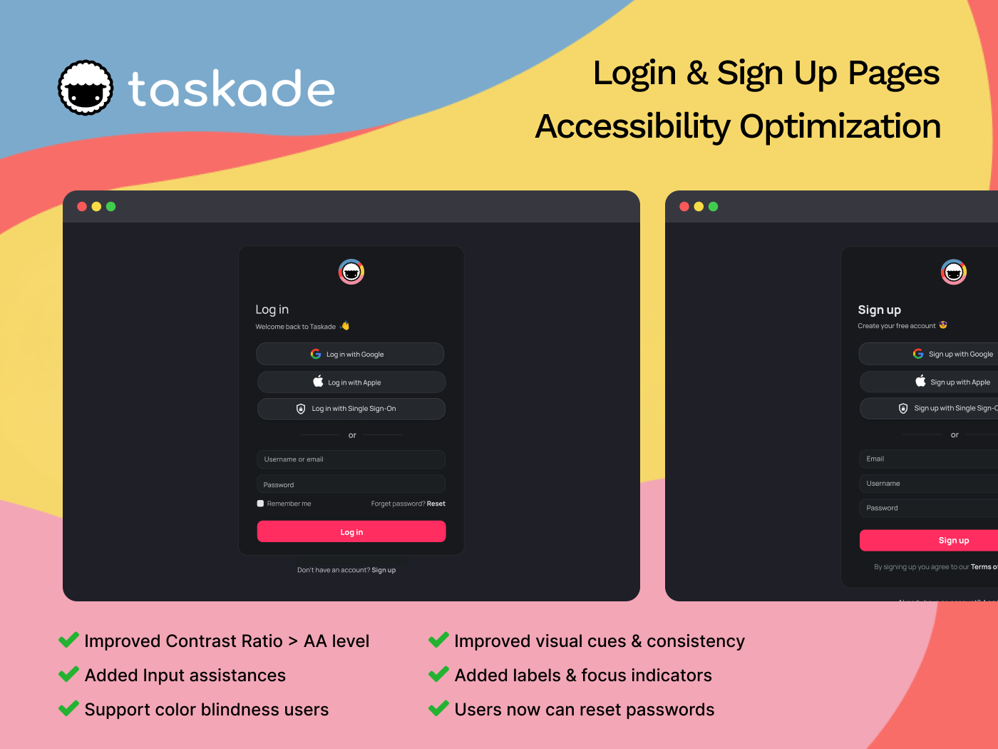 Accessibility optimization for Taskade's Sign Up & Login pages