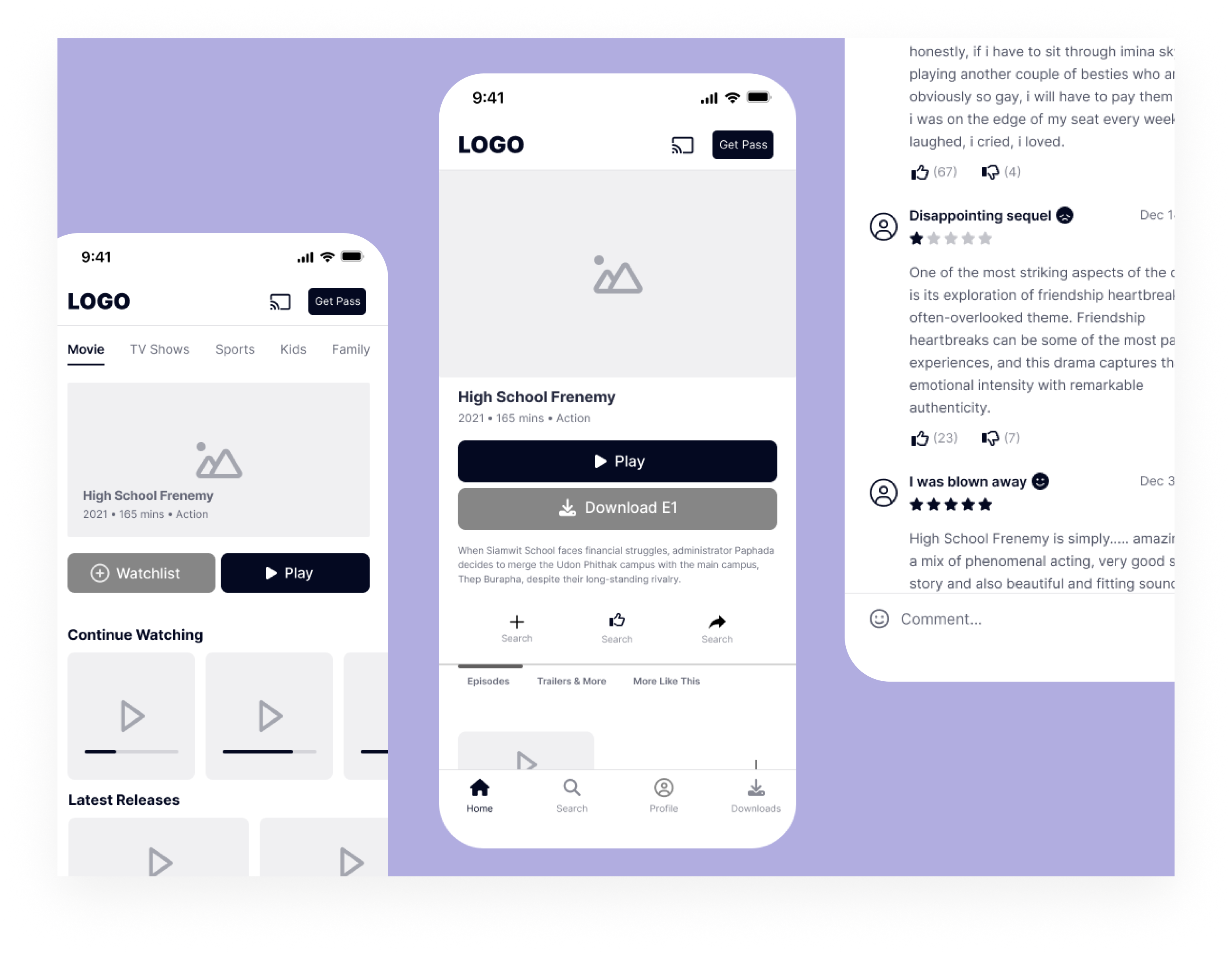 Wireframe for a mobile video streaming app