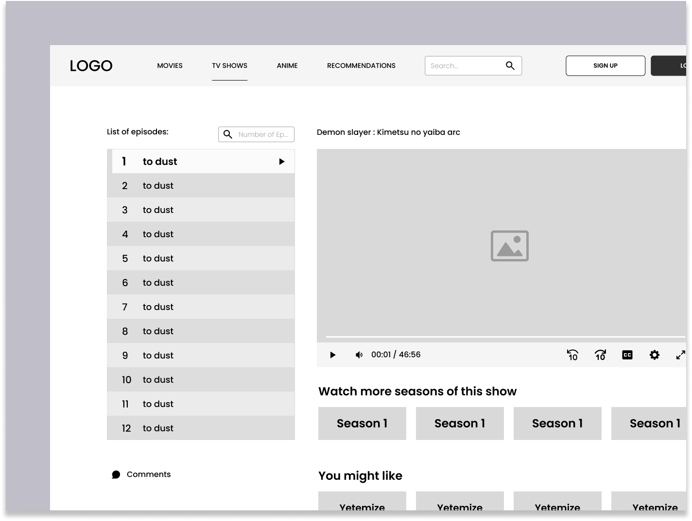 SEANSAI - video streaming platform wireframe