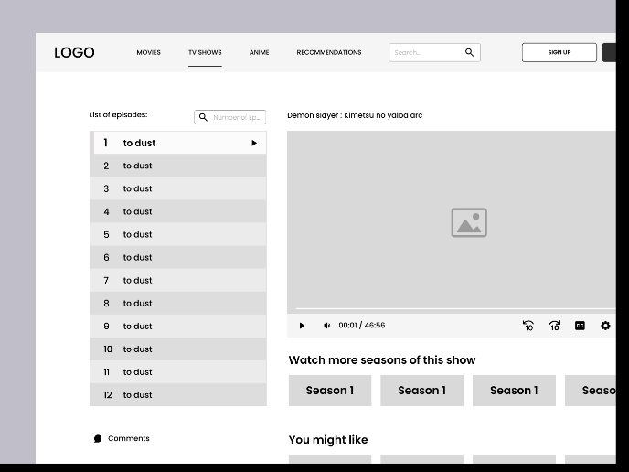 SEANSAI - video streaming platform wireframe
