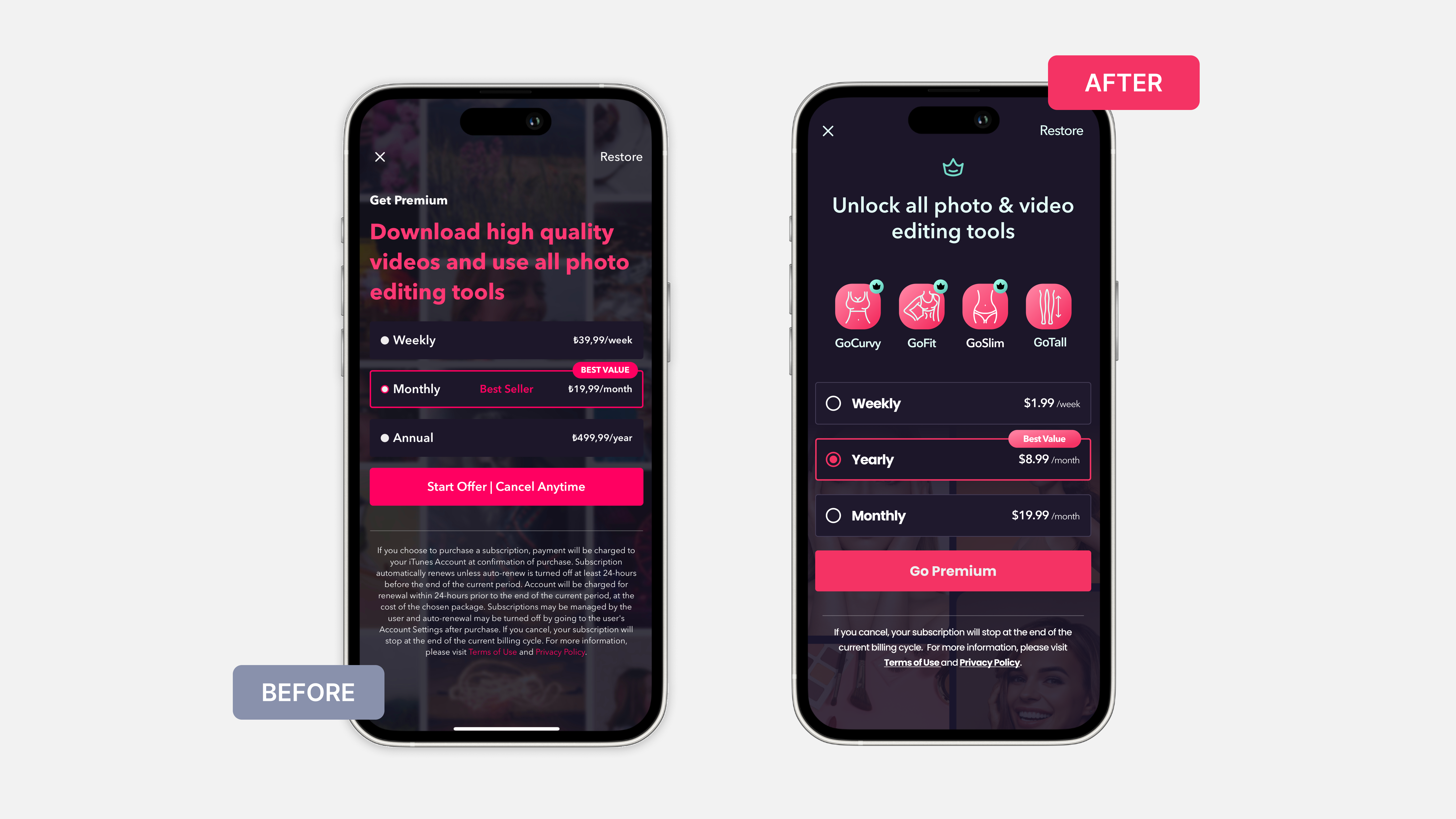 Before and after IAP Screen