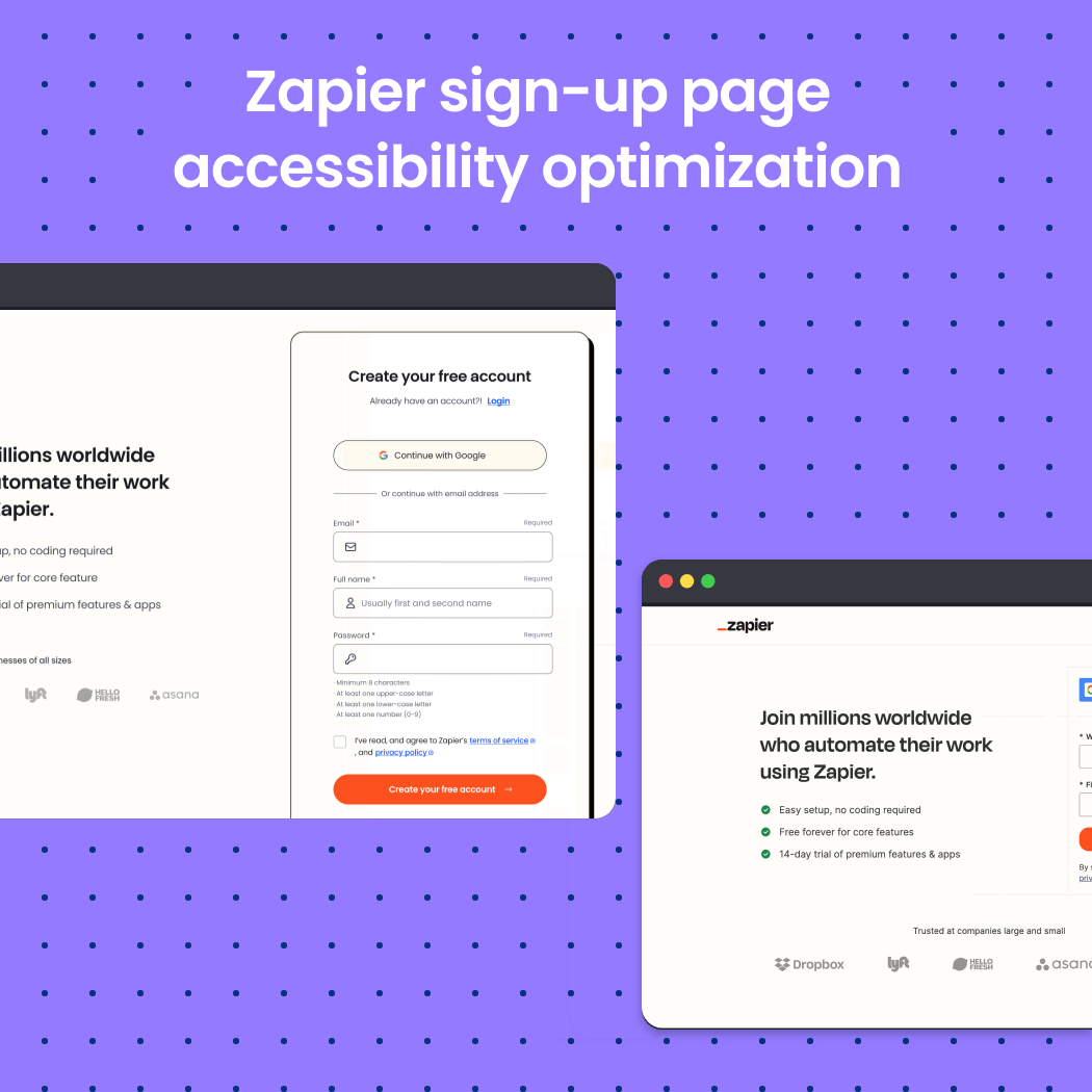Zapier sign-up page accessibility optimization