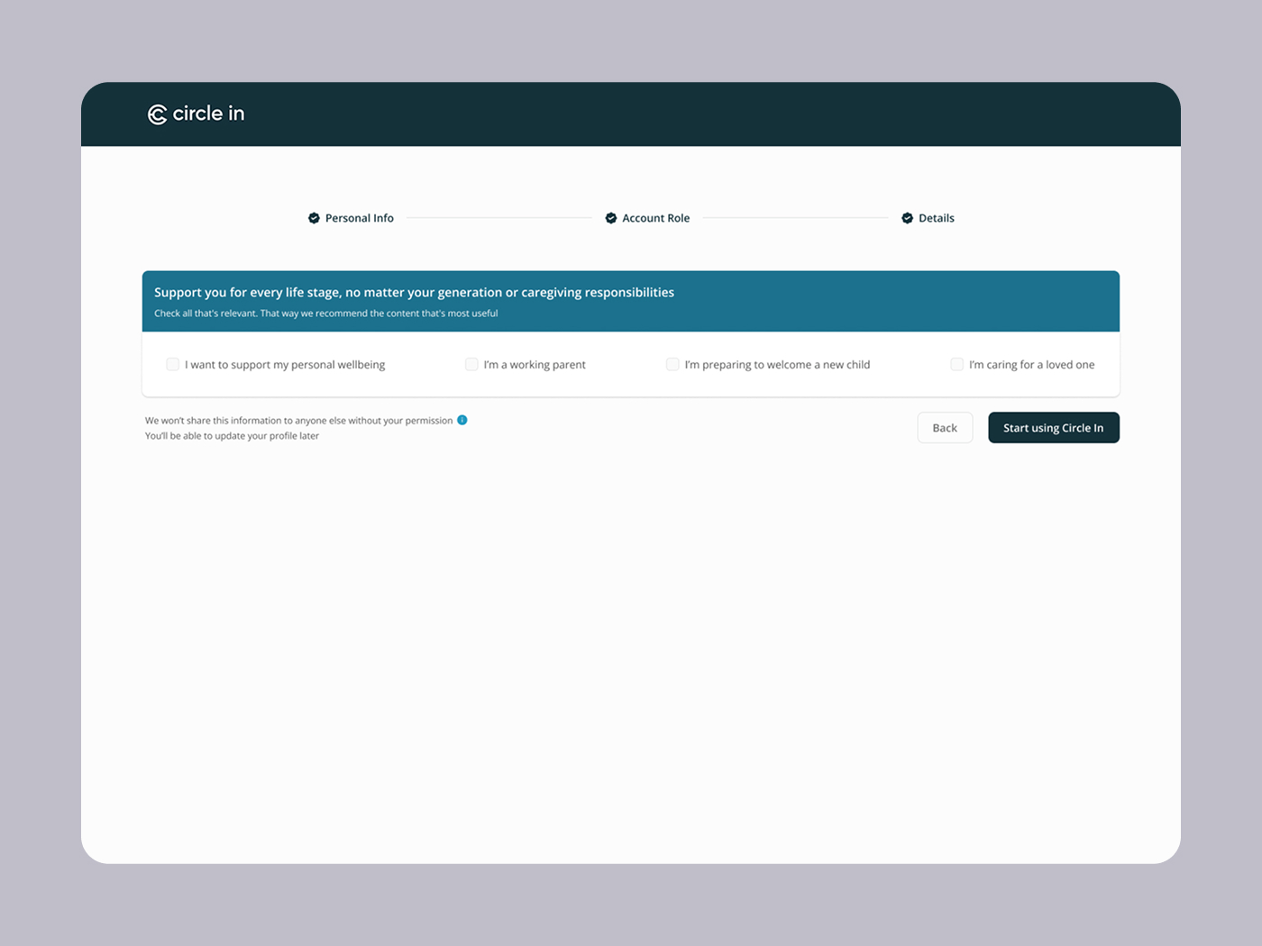 Accessible sign up form for Circle In 2