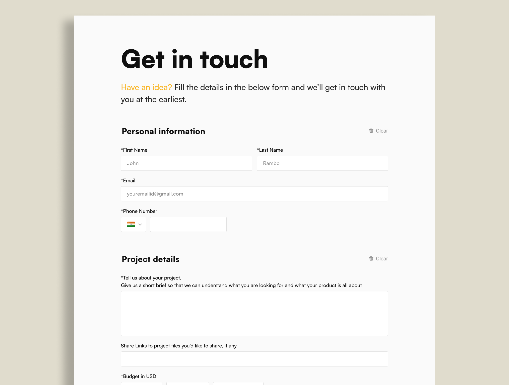 Get in touch - Form UI 3