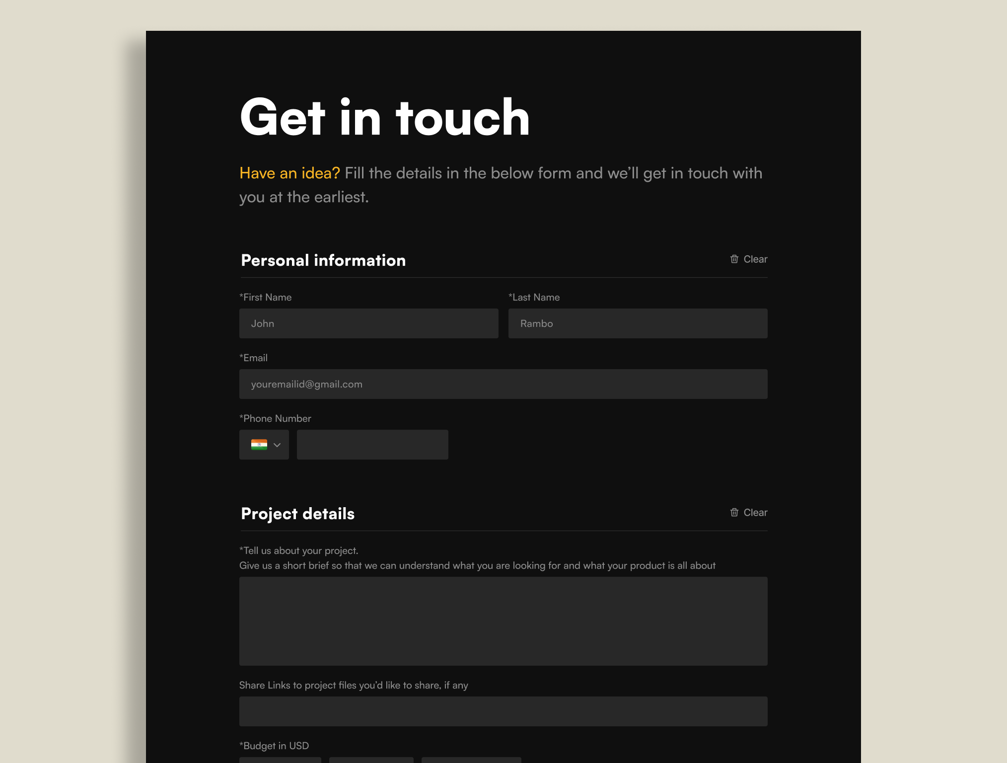 Get in touch - Form UI 2